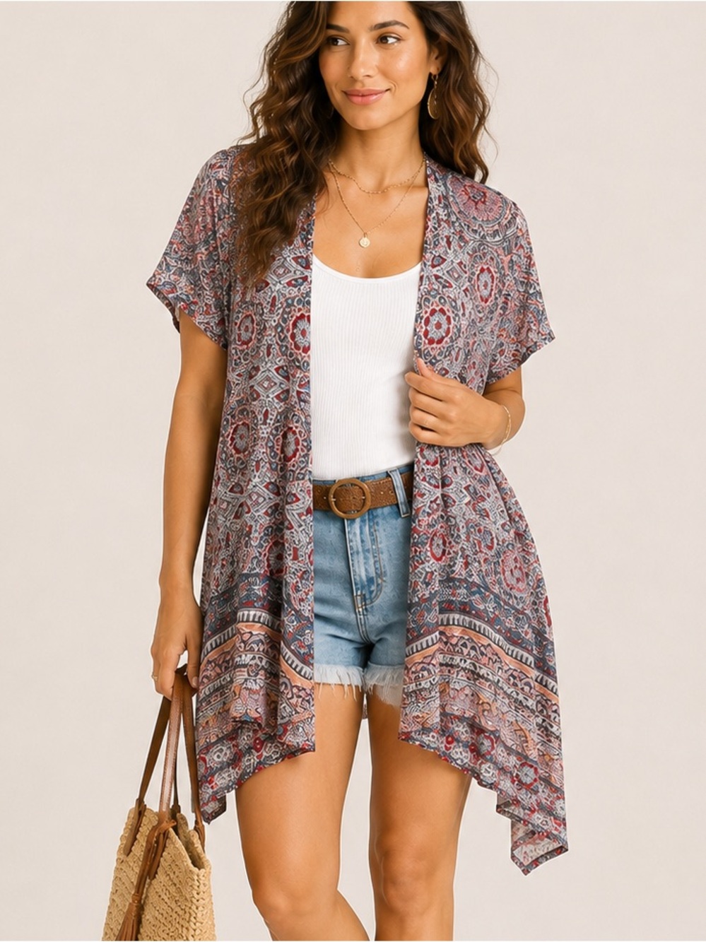 Angie Boho Open-Front Kimono in Dusty Rose, Navy & Cream